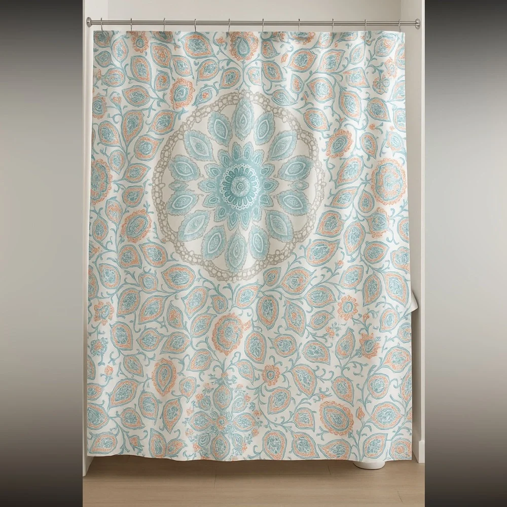 Cynthia Rowley Fabric Shower Curtain Boho Medallion Paisley Aqua Coral 72x72